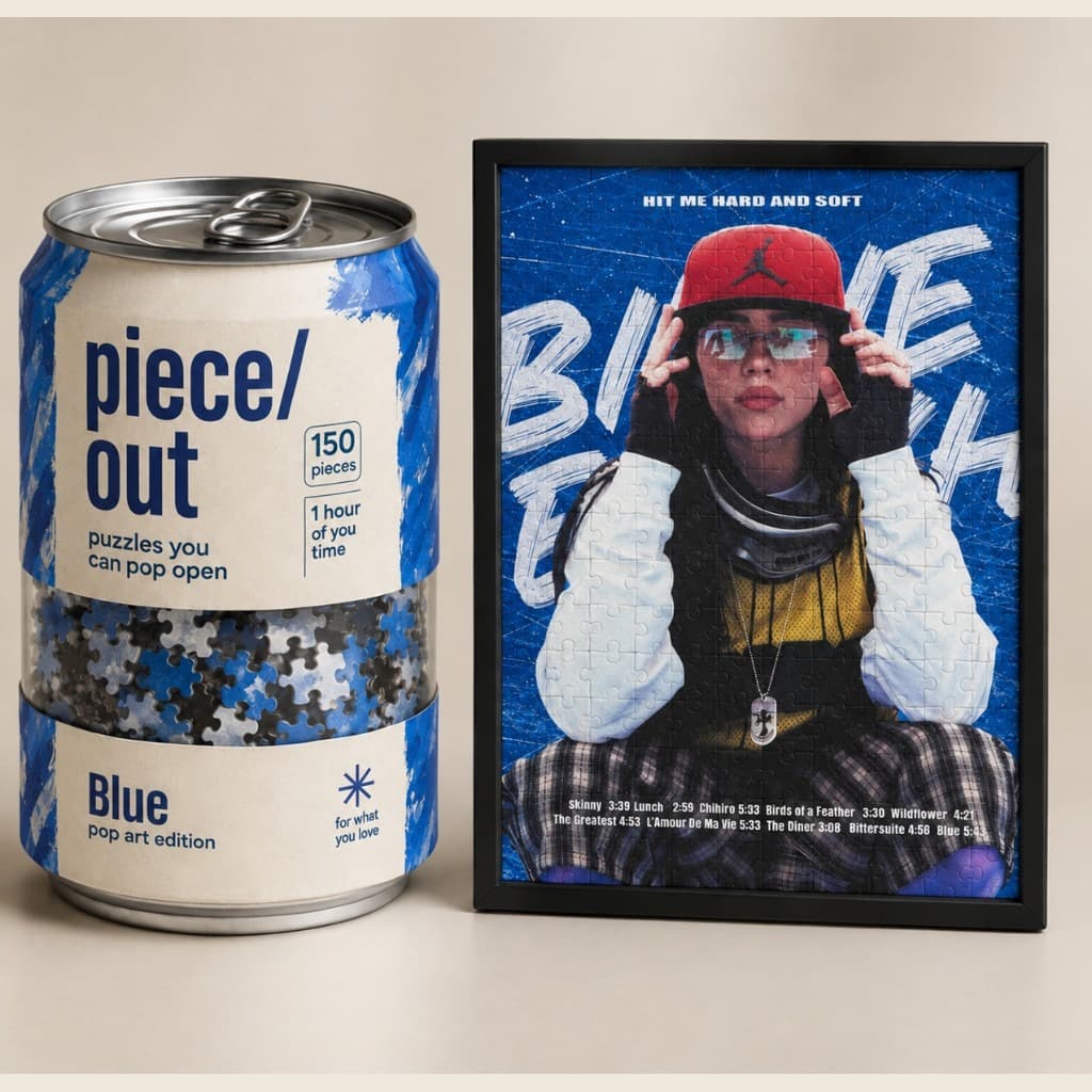 Billie Blue puzzle can and framed art