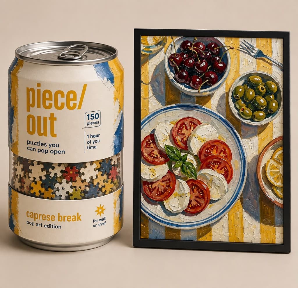 Caprese Break puzzle can and framed art