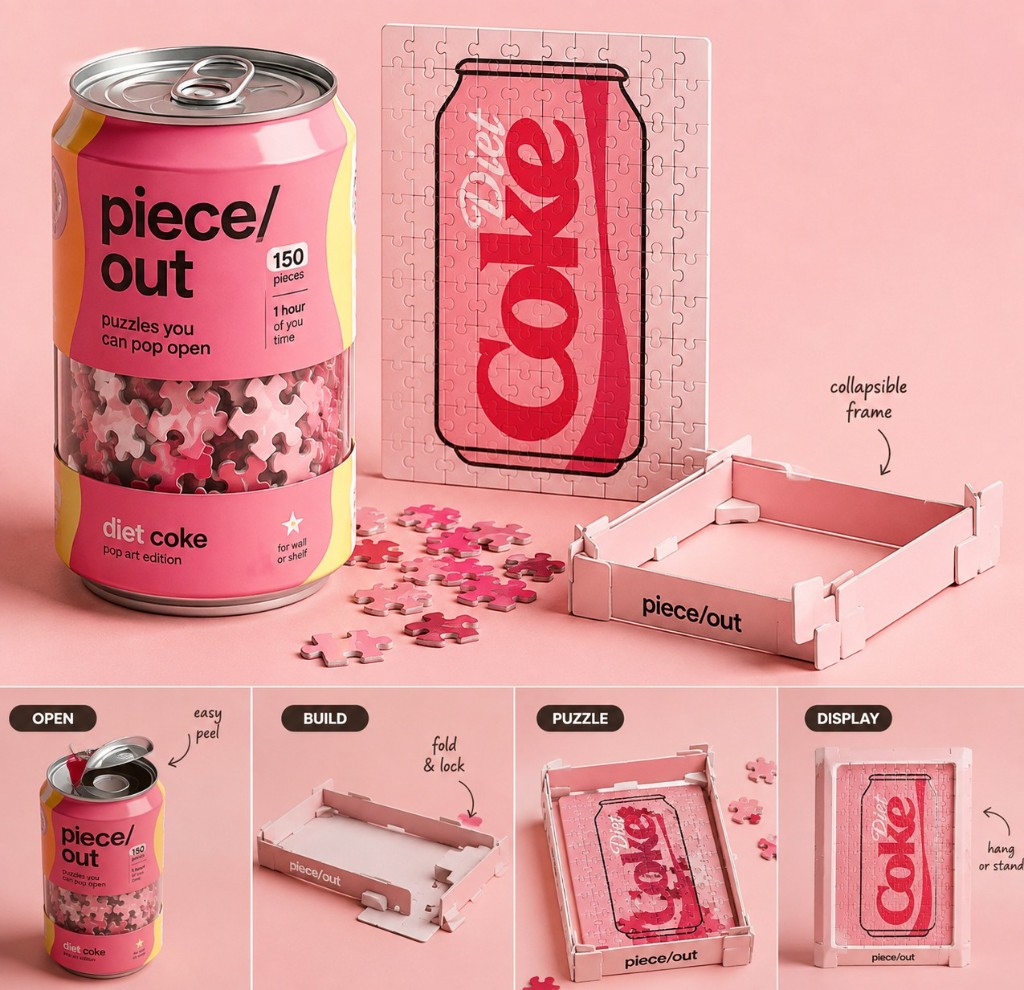piece/out diet coke: peel the can, snap the frame, lock in 120 pieces, hang or stand